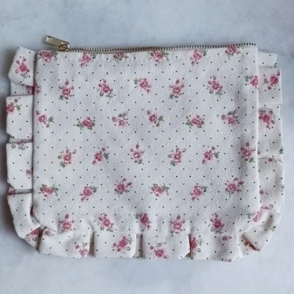 SEZANE FROUSFROUS CANVAS POUCH floral zippered ruffle bag cottagecore pi… - Picture 4 of 5